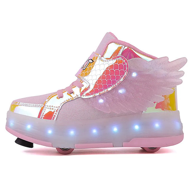 Children's double-wheel LED luminous rollerskate in black with glowing wheels, side view.
