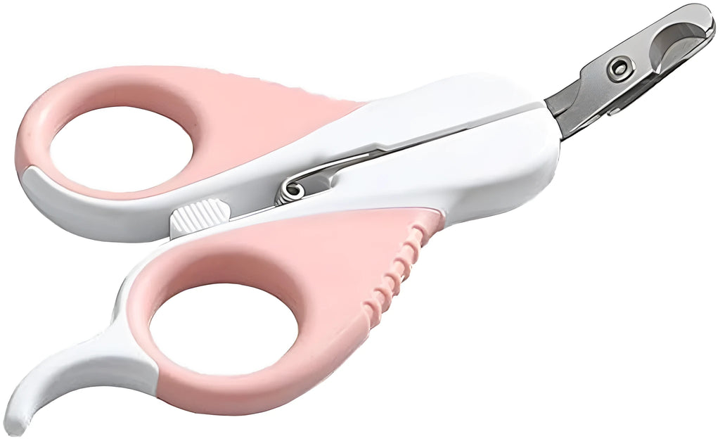 Grey and pink angled cat nail clippers with safety guard for small pet grooming