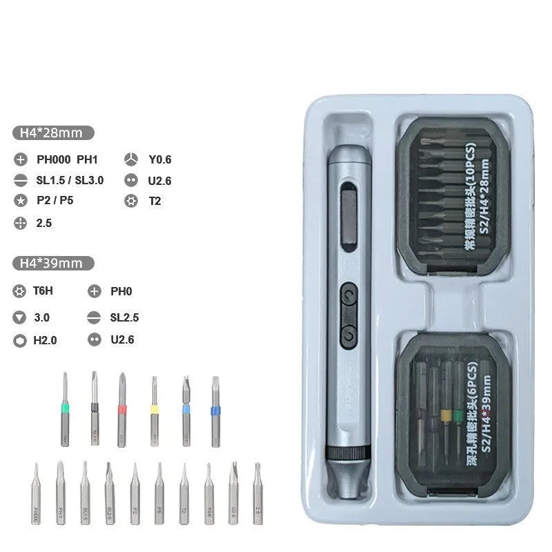 Compact aluminium alloy electric screwdriver with high torque, shown with its bits.