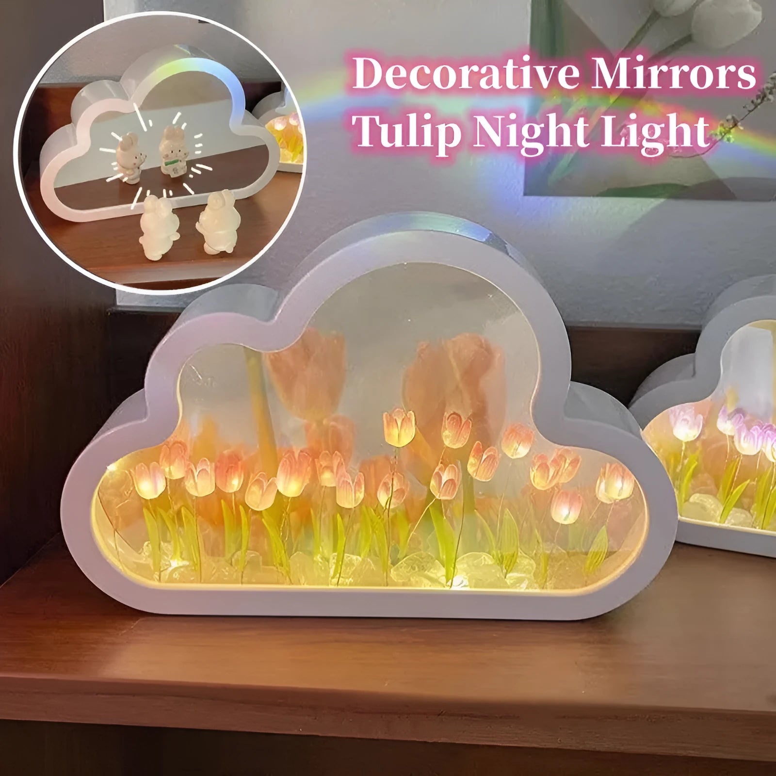DIY cloud tulip decorative night lamp with LED lights and mirror surface for bedroom or desk