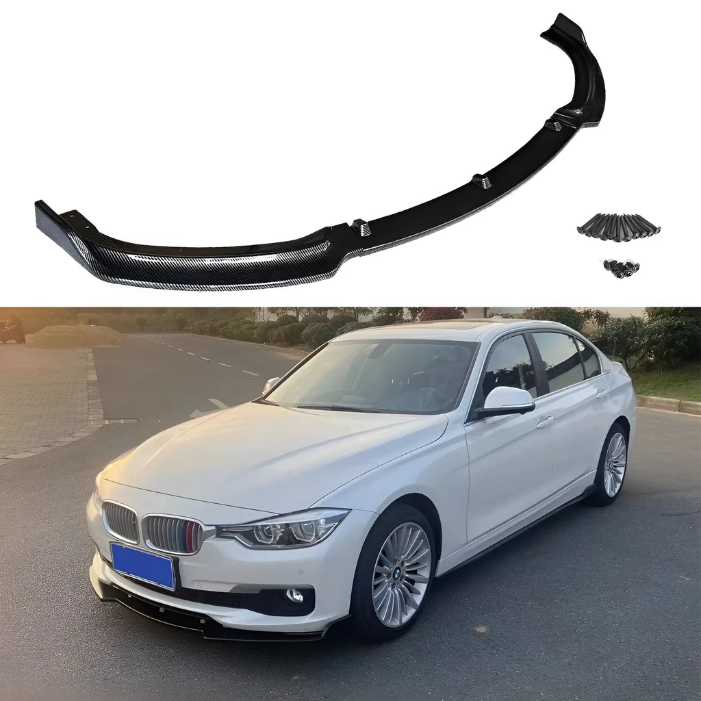 Glossy black PP front bumper lip for BMW 3 Series F30 F35 models showing 96cm shovel-style design