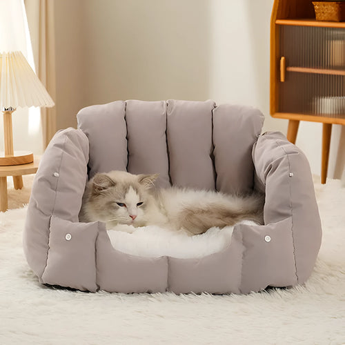 Grey arched cat nest showing both enclosed and sofa configurations for cats and dogs