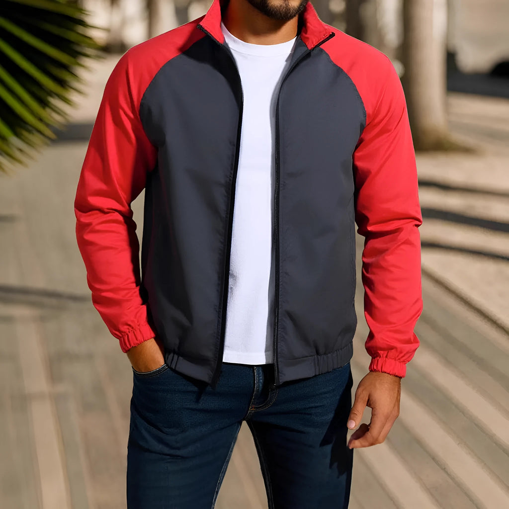 Men's loose fit casual jacket with a stand collar and raglan sleeves in a contrast colour.