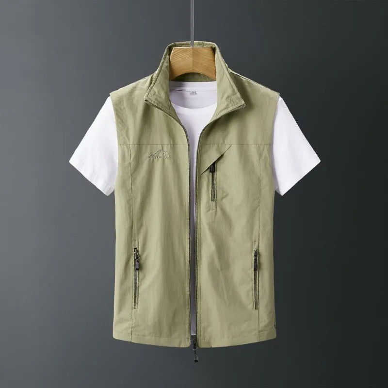 Men's slim-fit rabbit fur vest waistcoat with a hood in army green, shown on a model.