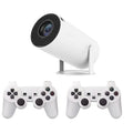 White Barrel X10 PLUS portable smart projector with gamepad and remote control on a table.