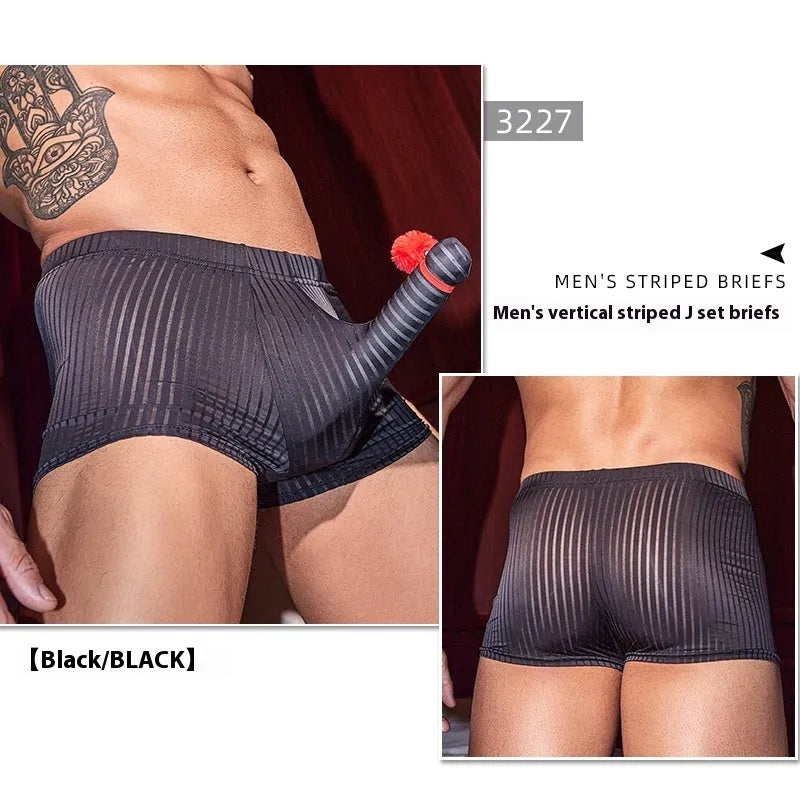 Men's black striped nylon boxer briefs laid flat, showing elastic waistband and leg openings.