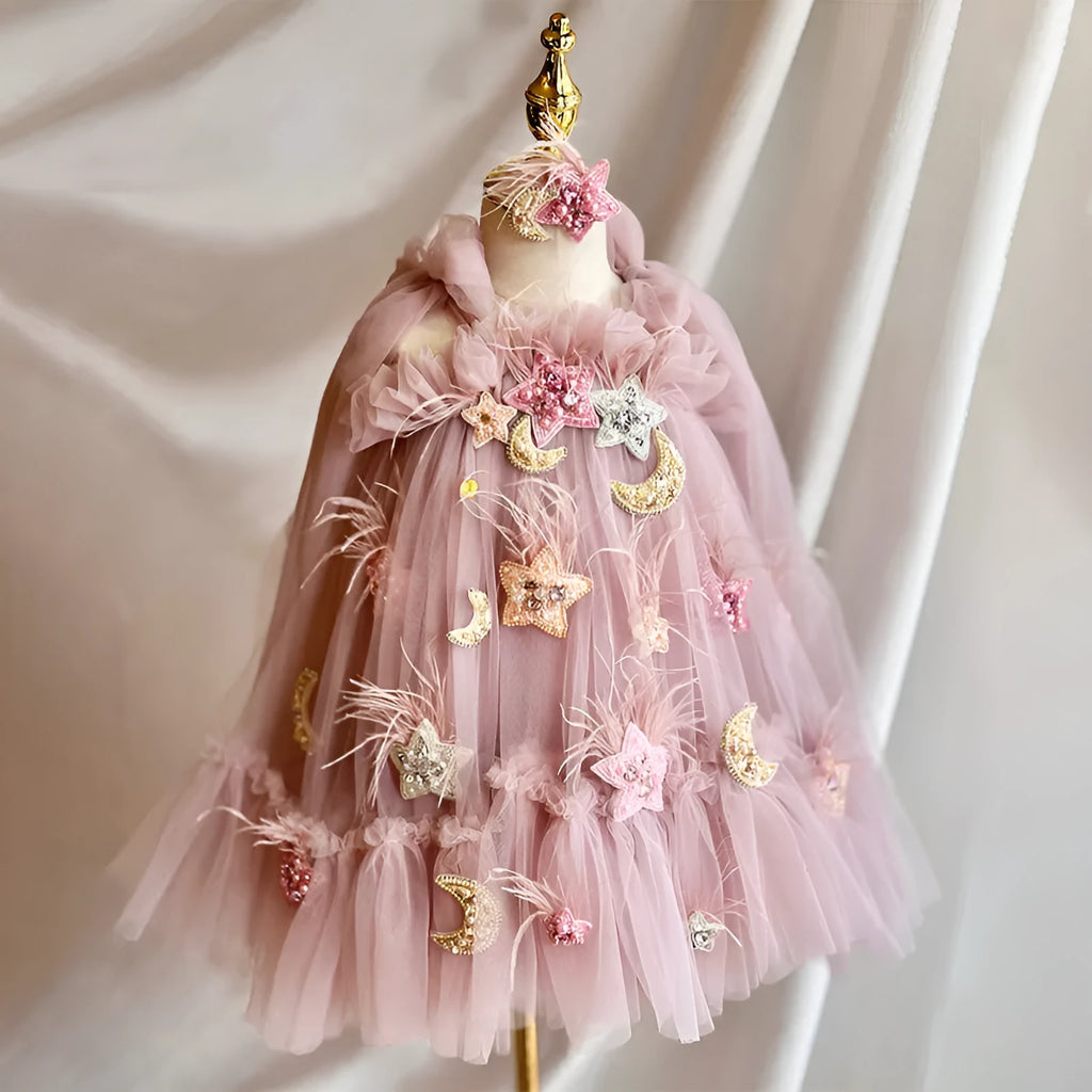 Pink floral children's princess dress with spaghetti straps and bow detail