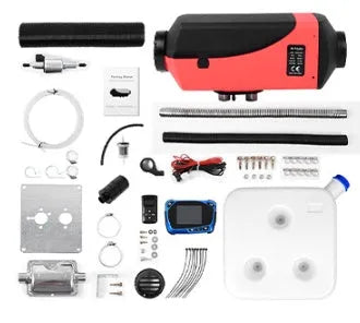 12V 24V diesel air heater kit with fuel tank and components for truck or motorhome installation.