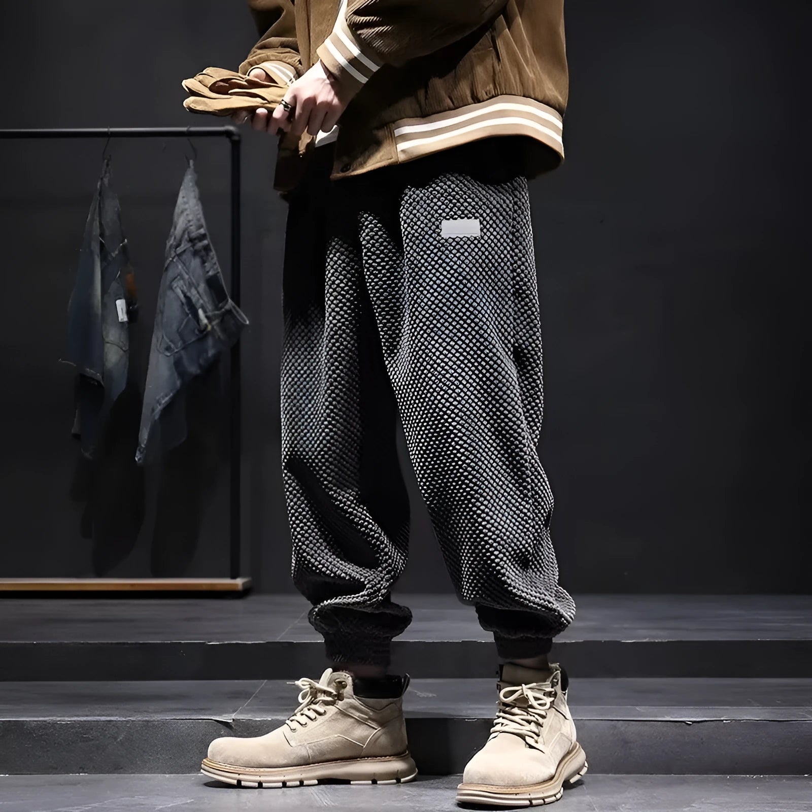 Men's grey ankle strap sweatpants with straight leg design and non-iron polyester blend fabric