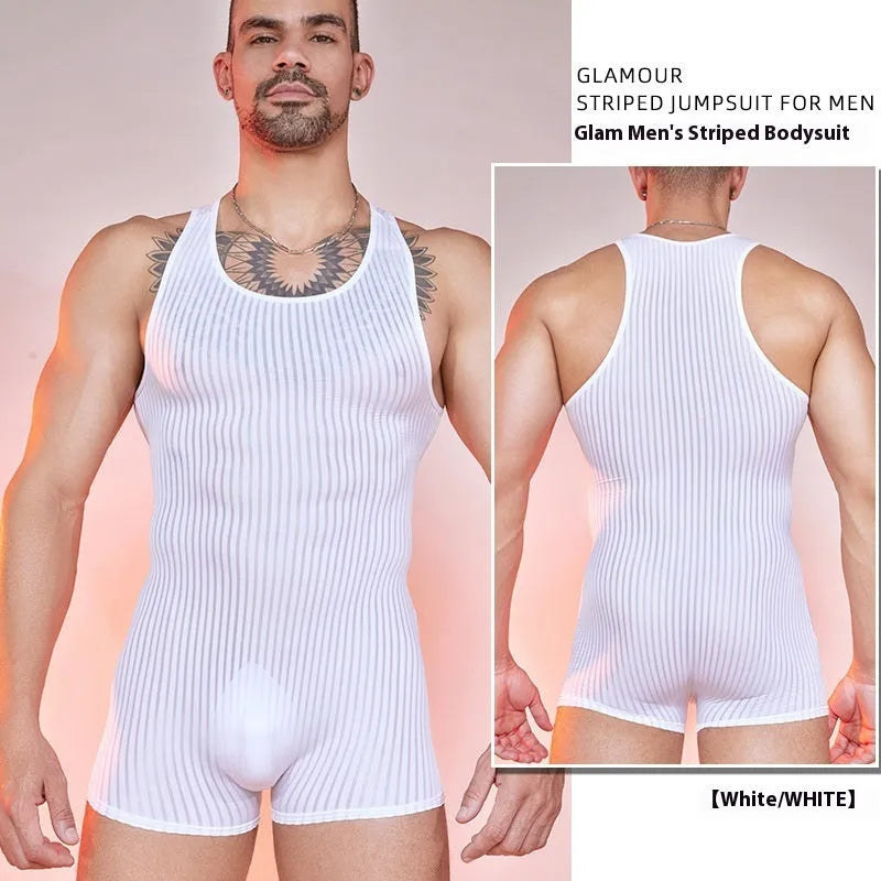 Men's striped jumpsuit in lightweight nylon fabric with vertical bar pattern