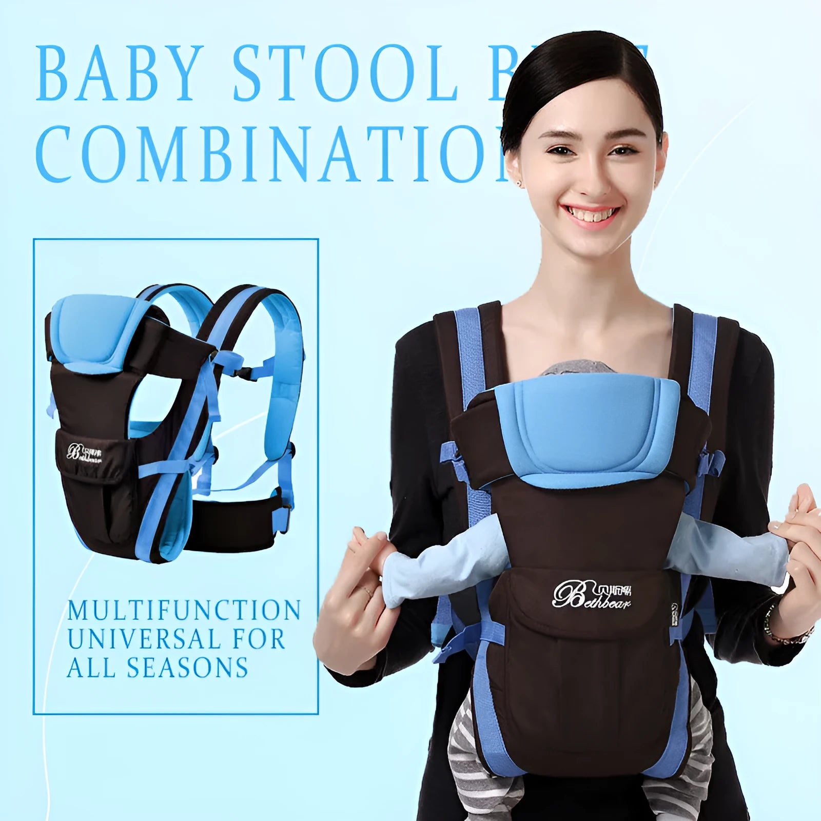 Four Seasons Baby Carrier in sapphire blue with double shoulder straps, showing kangaroo carry position for baby
