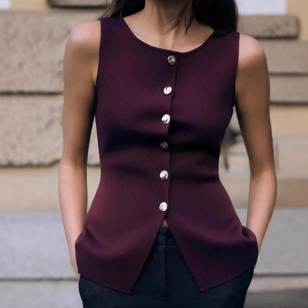 Dark red slim fit sweater vest with gold buttons and 3D pattern detail