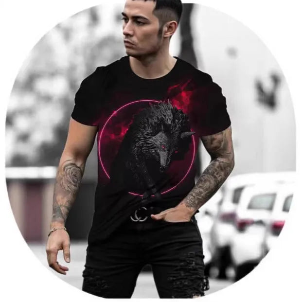 Man modelling a short-sleeved grey T-shirt with a retro-style 3D animal graphic print on the front.