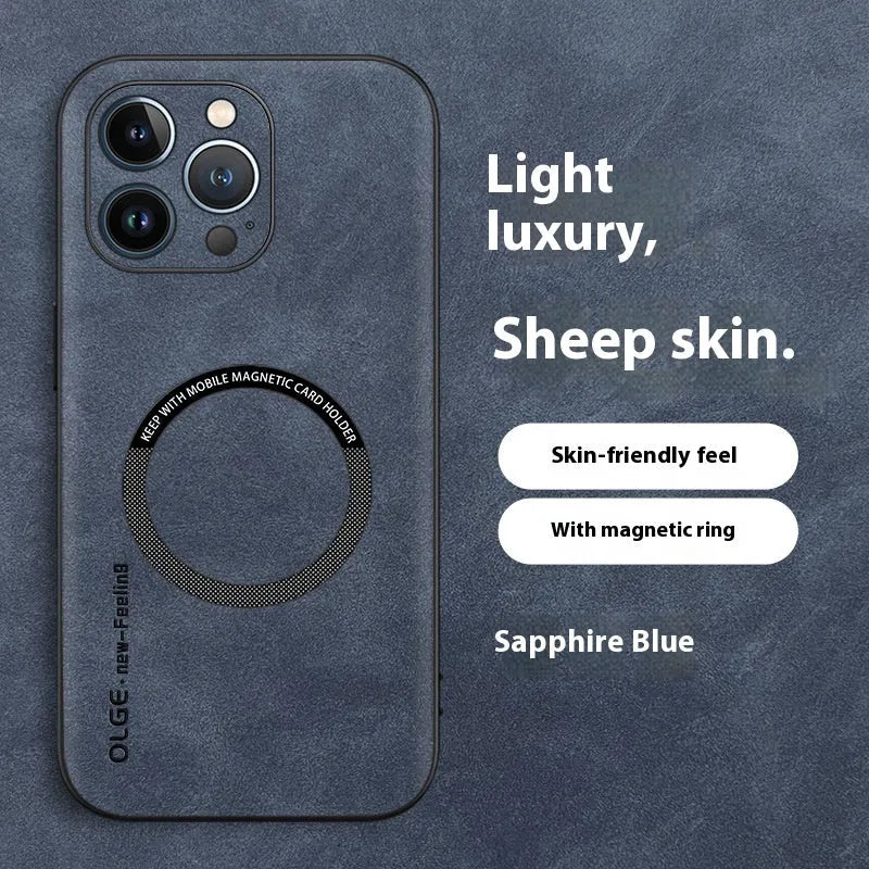 Magnetic Sheepskin All-inclusive Drop-resistant Business Phone Case Compatible with iPhone 12-16 Pro Max Series in Graphite Black Dark Night Green Sapphire Blue Golden Brown Galactic Gray