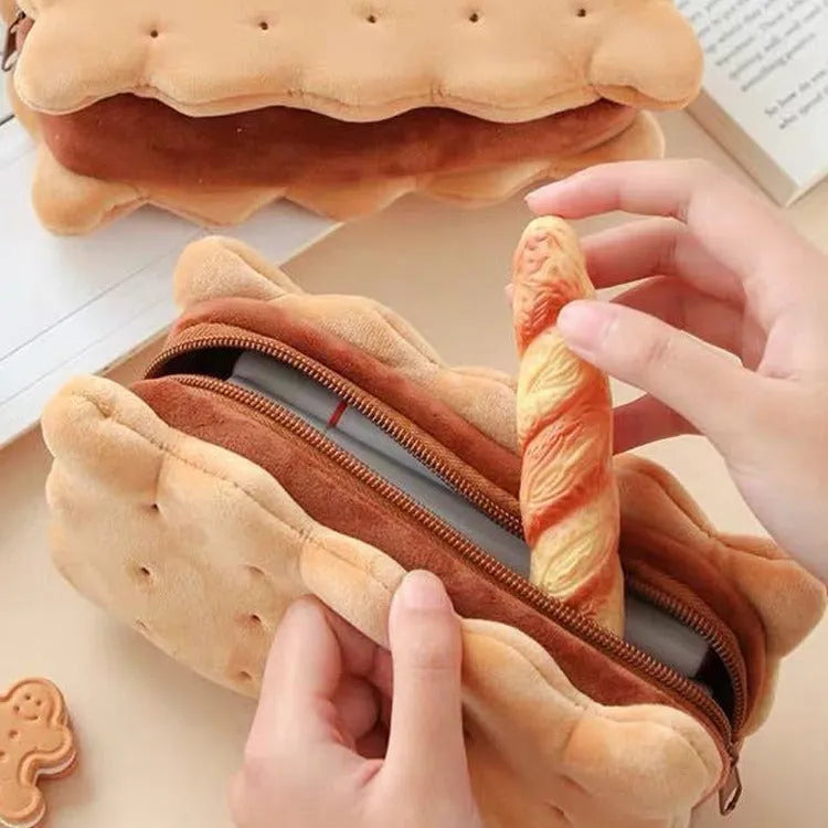 Plush sandwich biscuit pencil bag with soft plush material in cartoon style for school storage