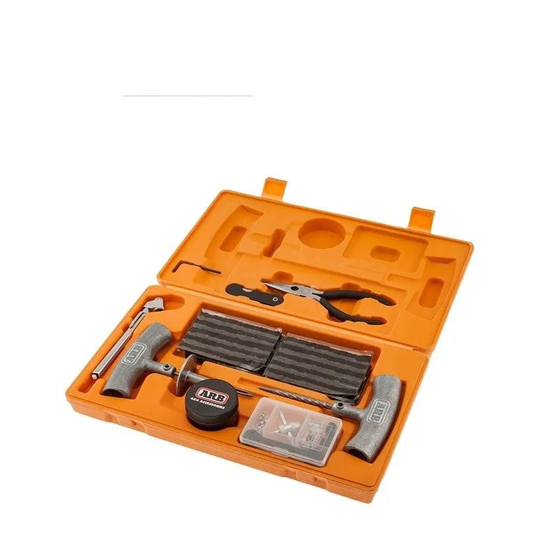 Emergency rubber strip tyre repair tool set in compact suitcase with gauge, insertion and reamer tools for tubeless radial tyres