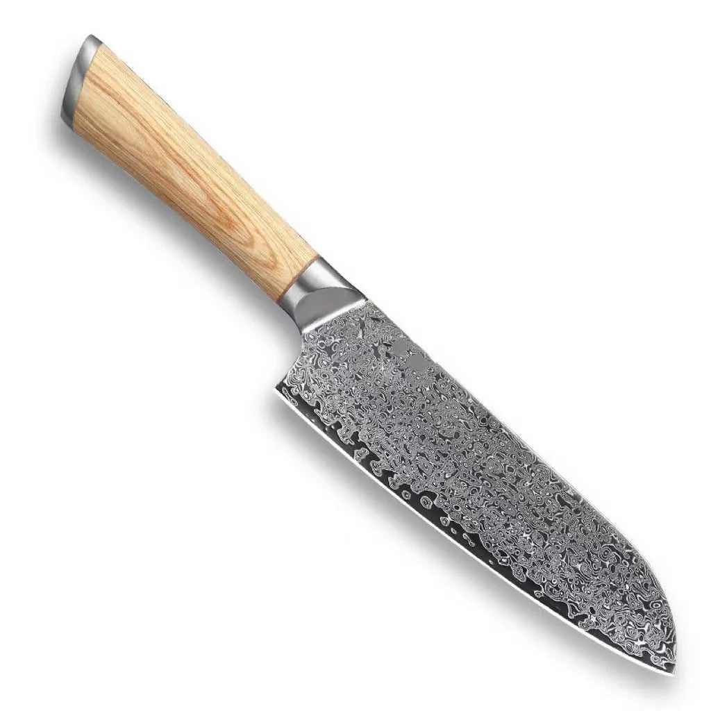 12-piece Damascus steel kitchen knife set with various blade types on a wooden block.
