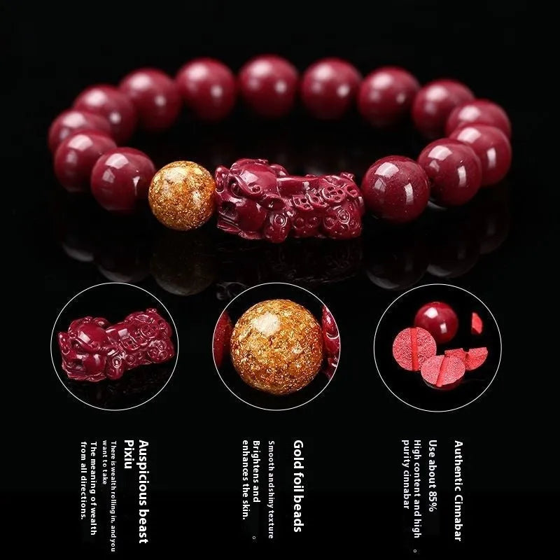 Purple gold sandstone cinnabar bracelet with totem engraving showing polished beads in three size options