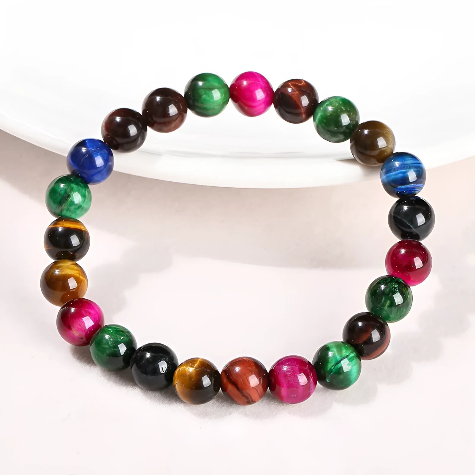 Colourful Tiger Eye natural stone bracelet with round beads on mixed string