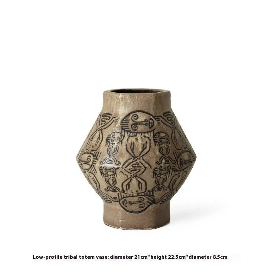 Ceramic cylindrical vase with hand-painted vintage carved tribal totem artwork