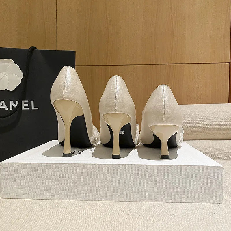 Women's satin stiletto heels in Champagne, pointed toe with lace and beading decorations