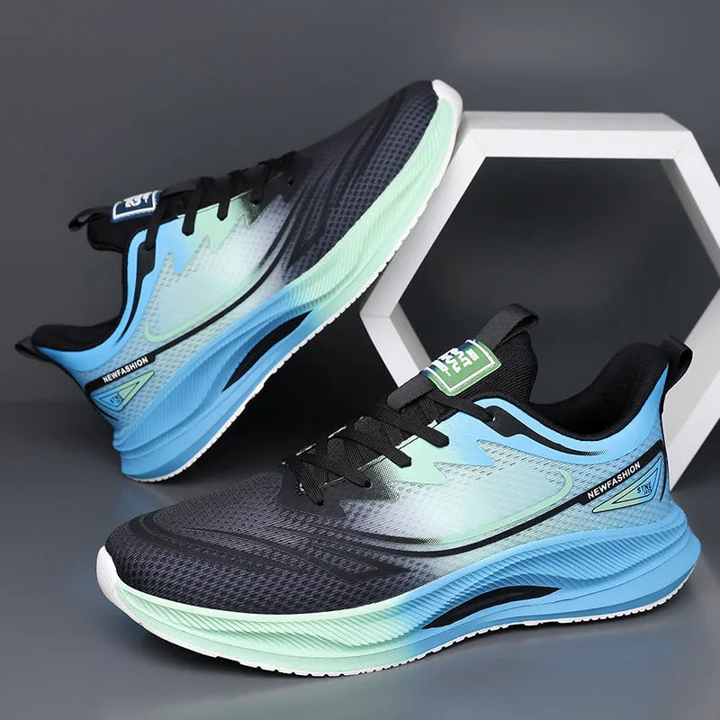 Men's lightweight black mesh casual sneakers with a rubber sole and low platform heel.