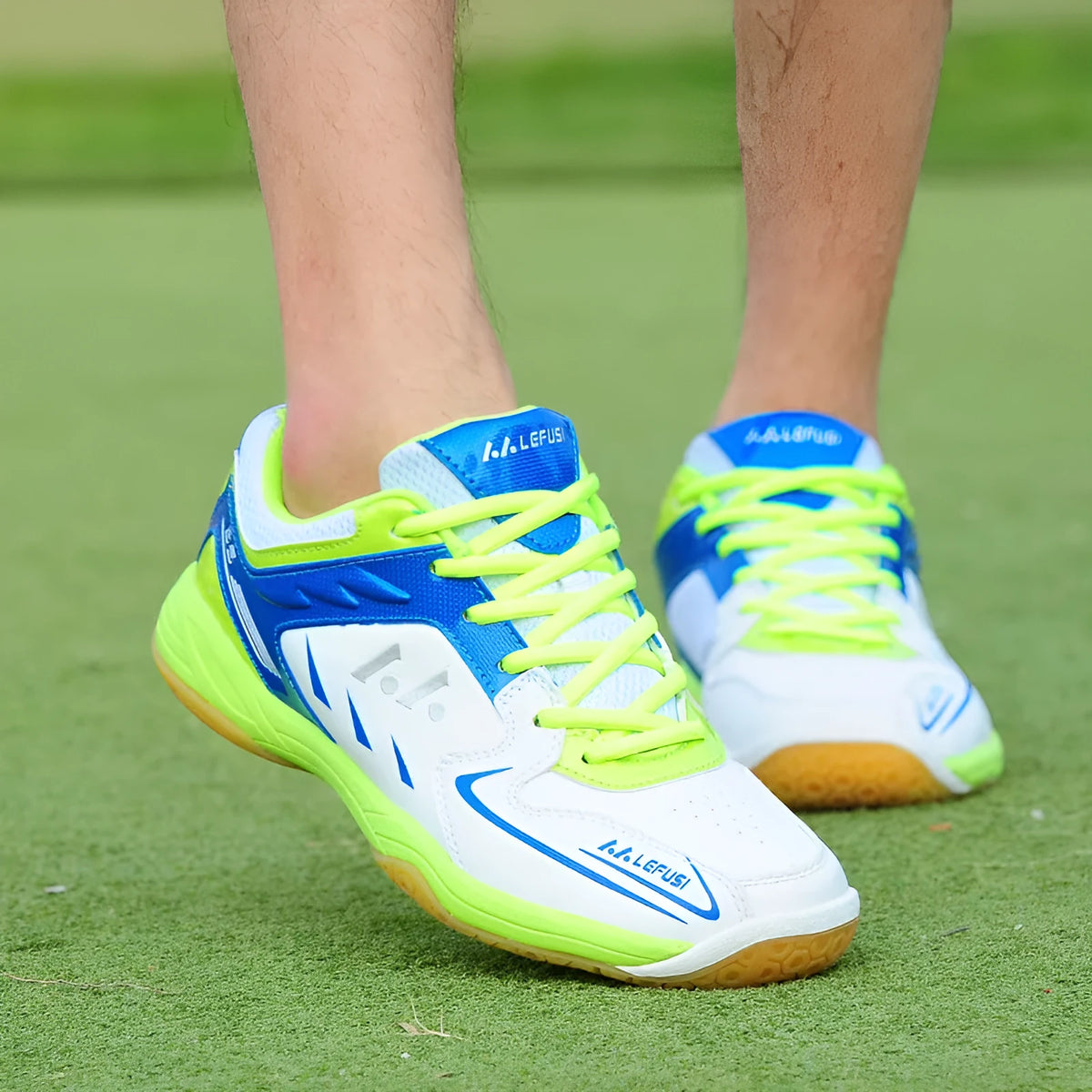 Casual multicolour low top badminton shoes with hand-painted MD sole in red, green, and pink for adults