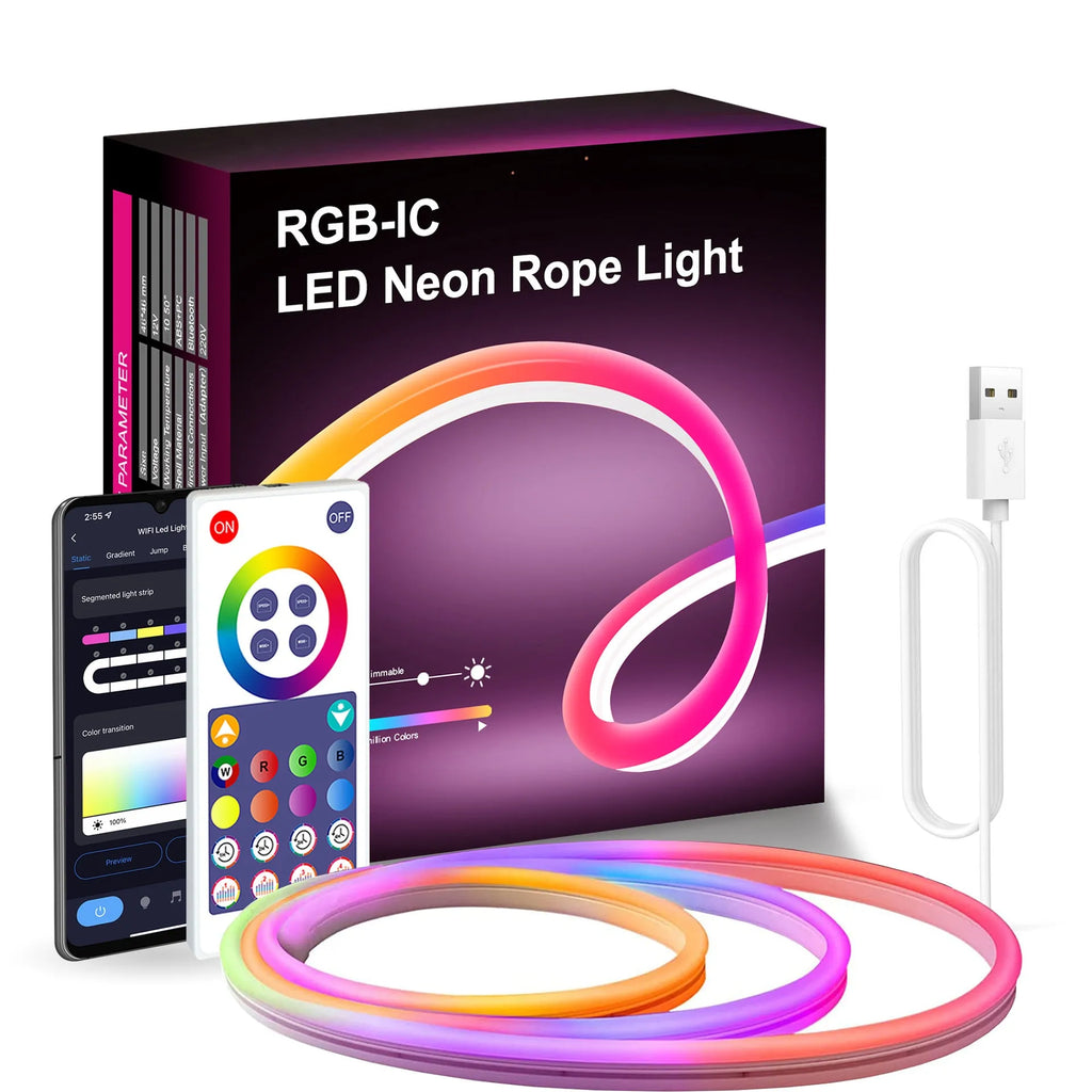 3-metre long USB RGB neon light strip with remote control on a white background