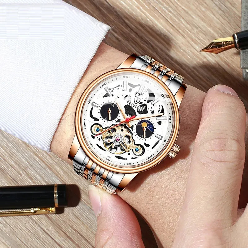 Men's tourbillon mechanical watch with luminous hands on a black leather strap