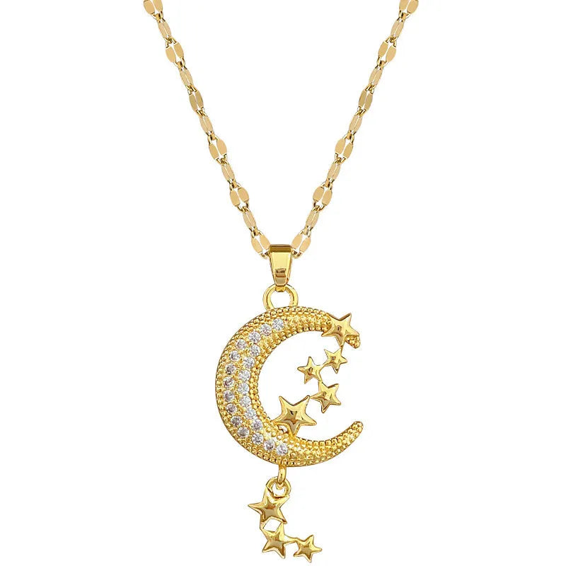 Geometric moon tassel necklace with diamond-cut facets and stainless steel chain