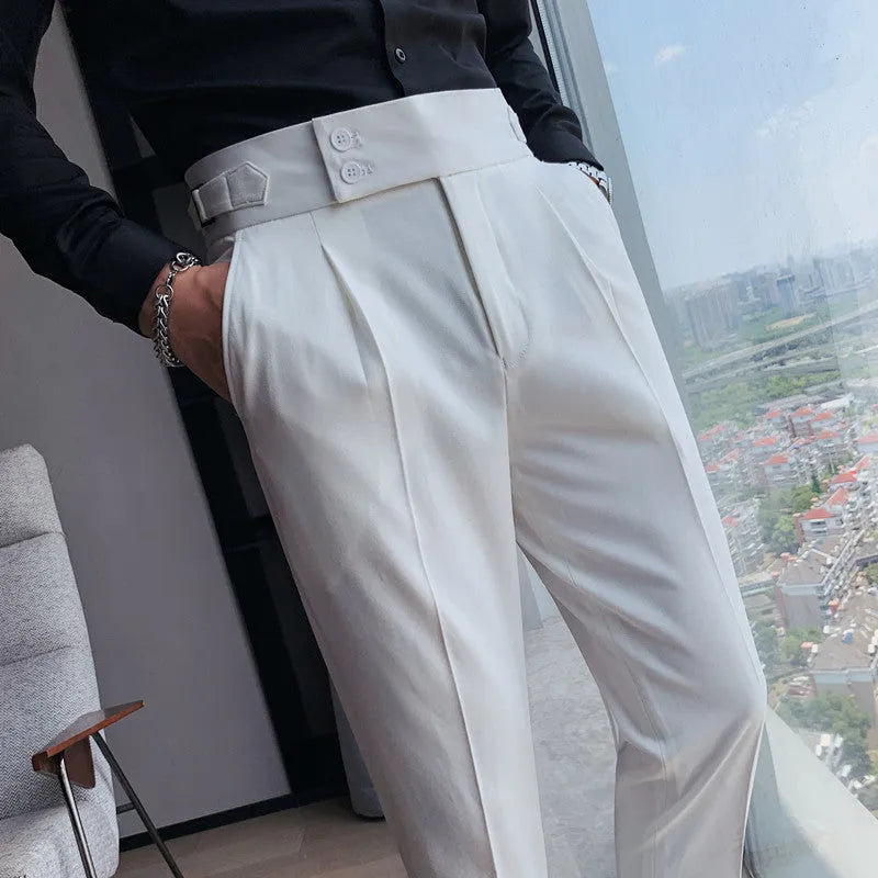 Men's straight-leg casual trousers in solid colours including black, gray, and khaki.