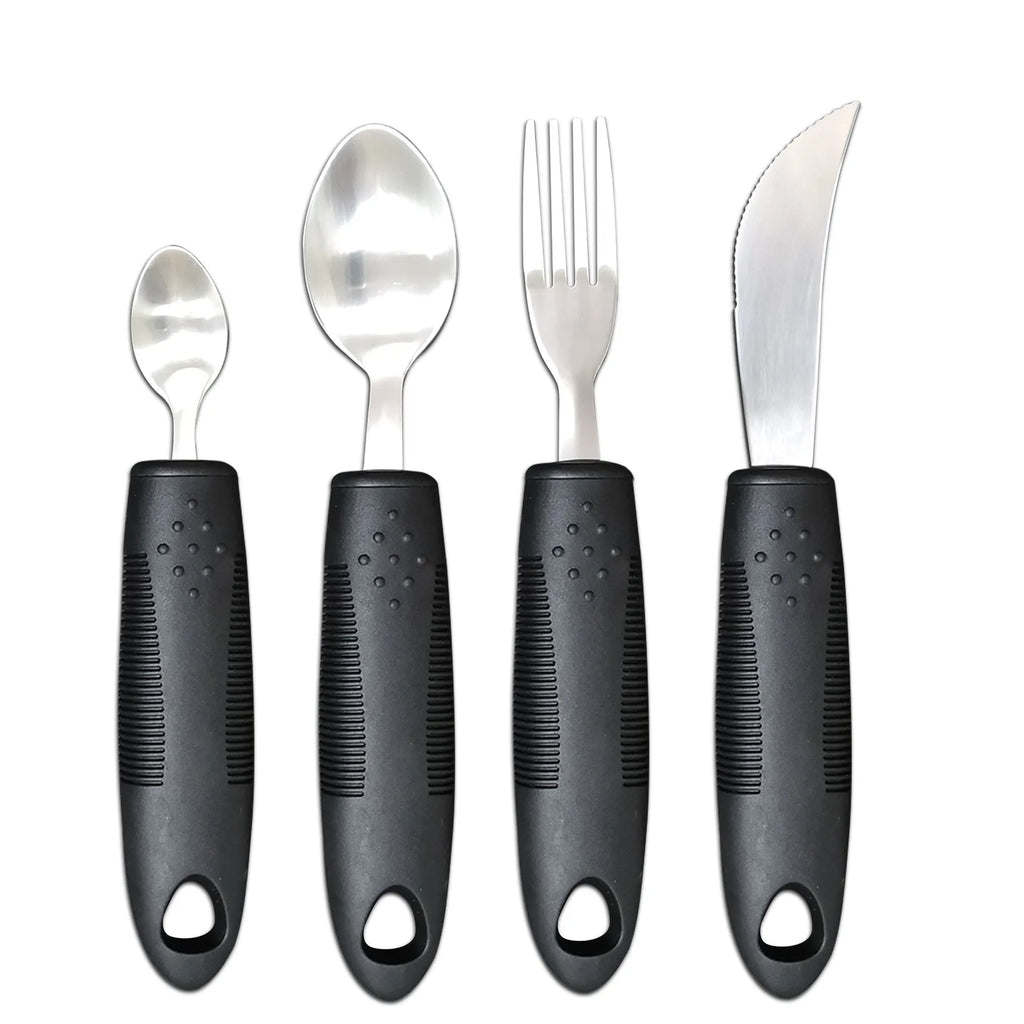 Stainless steel adaptive cutlery set with rubber handles for elderly or disabled users