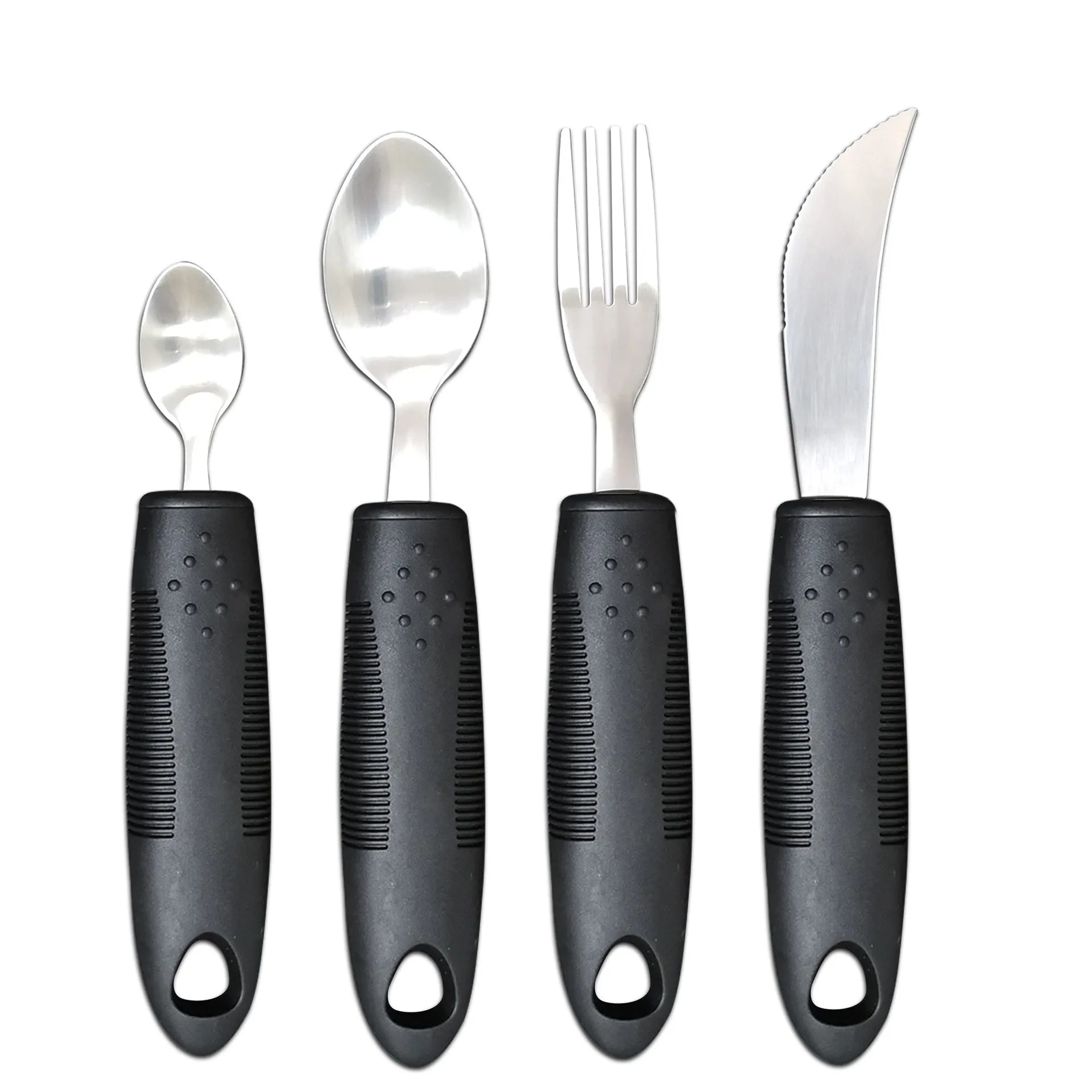 Stainless steel adaptive cutlery set with rubber handles for elderly or disabled users
