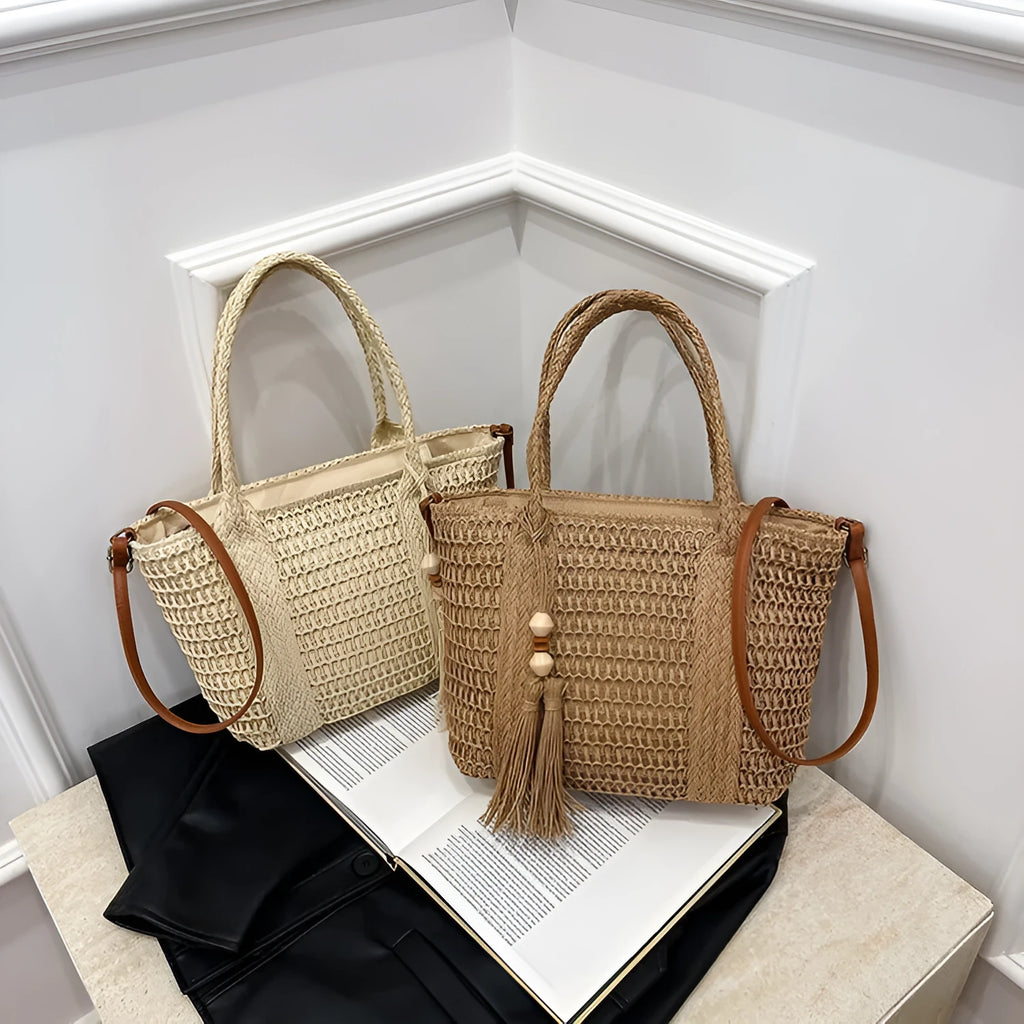 Women's straw woven crossbody shoulder bag in milky white or khaki colour with large capacity