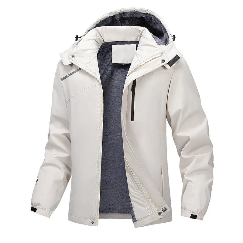 A man's loose-fit plus-size hooded coat in Army Green colour, made from waterproof polyester fabric.