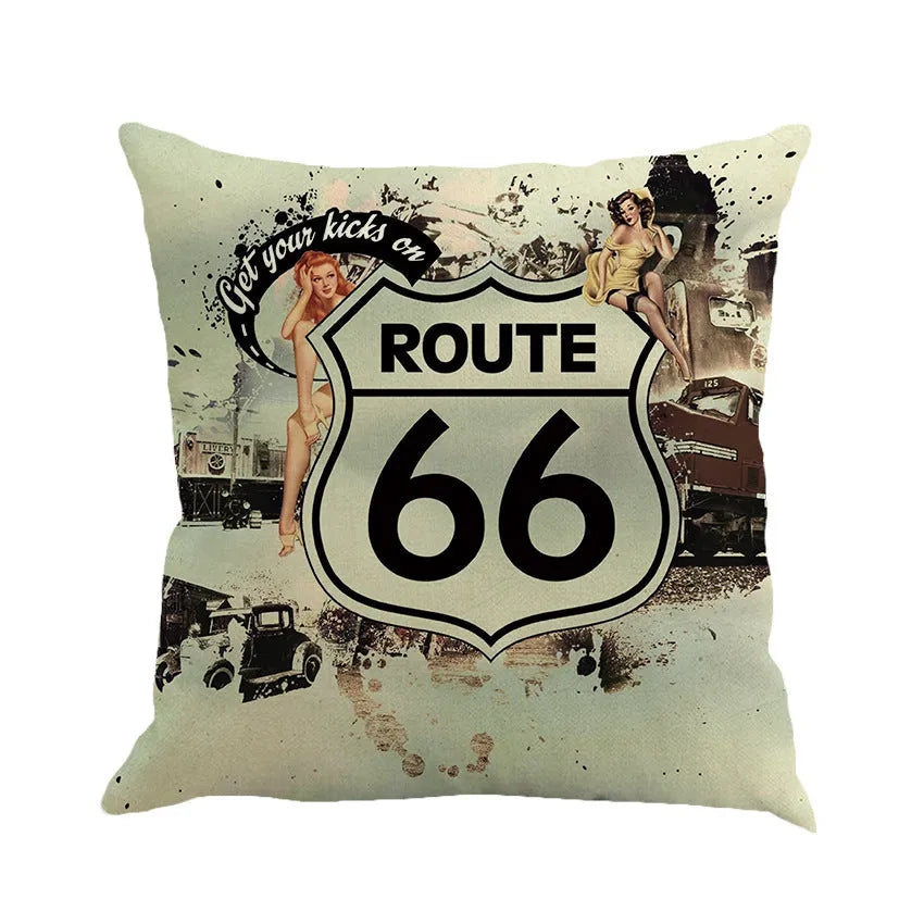 Route 66 landscape pattern linen cushion cover for 45cm square back pillow or car seat.
