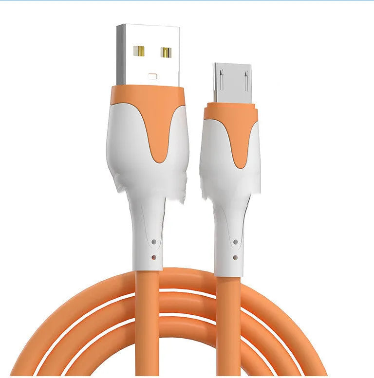 Liquid silicone USB charging cable in bright orange with Micro USB and USB Type-C connectors