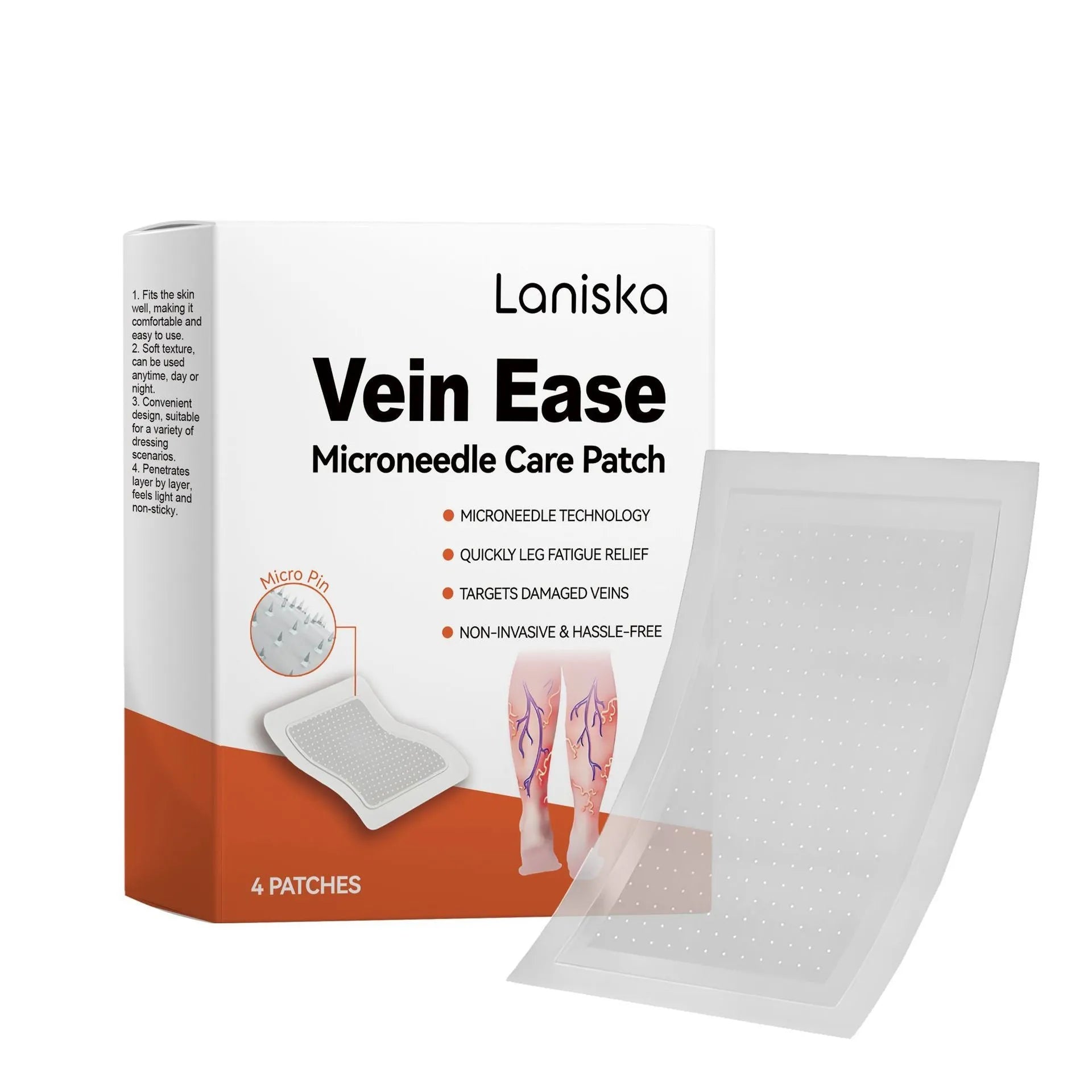Four adhesive leg nursing bandage patches in a pack for moisturising care and discomfort relief.