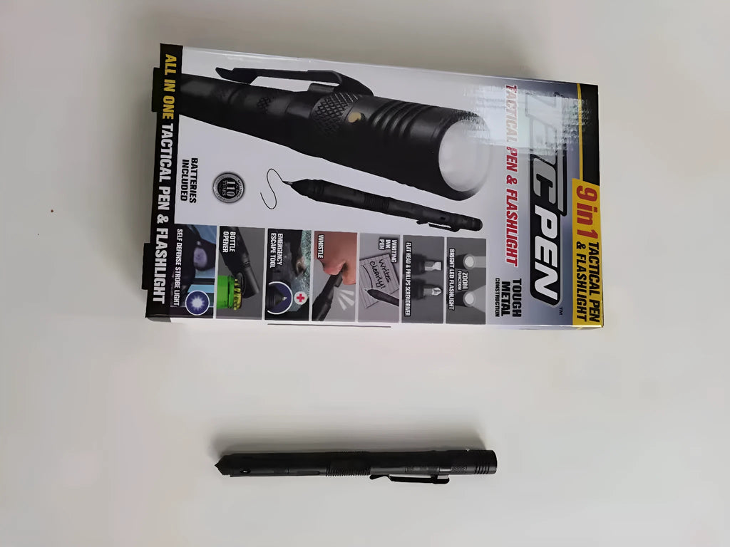Nine-in-one multi-function flashlight survival pen in black with car window breaker feature