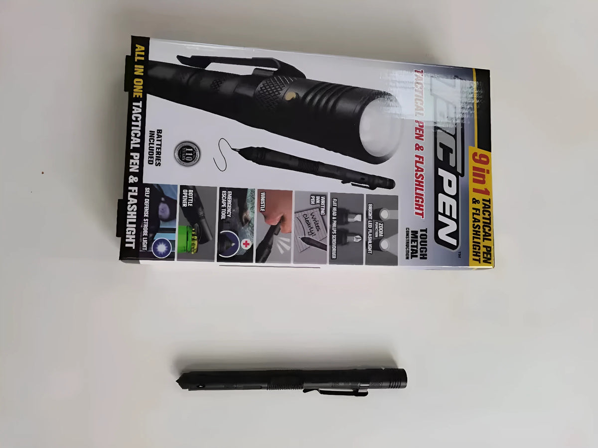 Nine-in-one multi-function flashlight survival pen in black with car window breaker feature