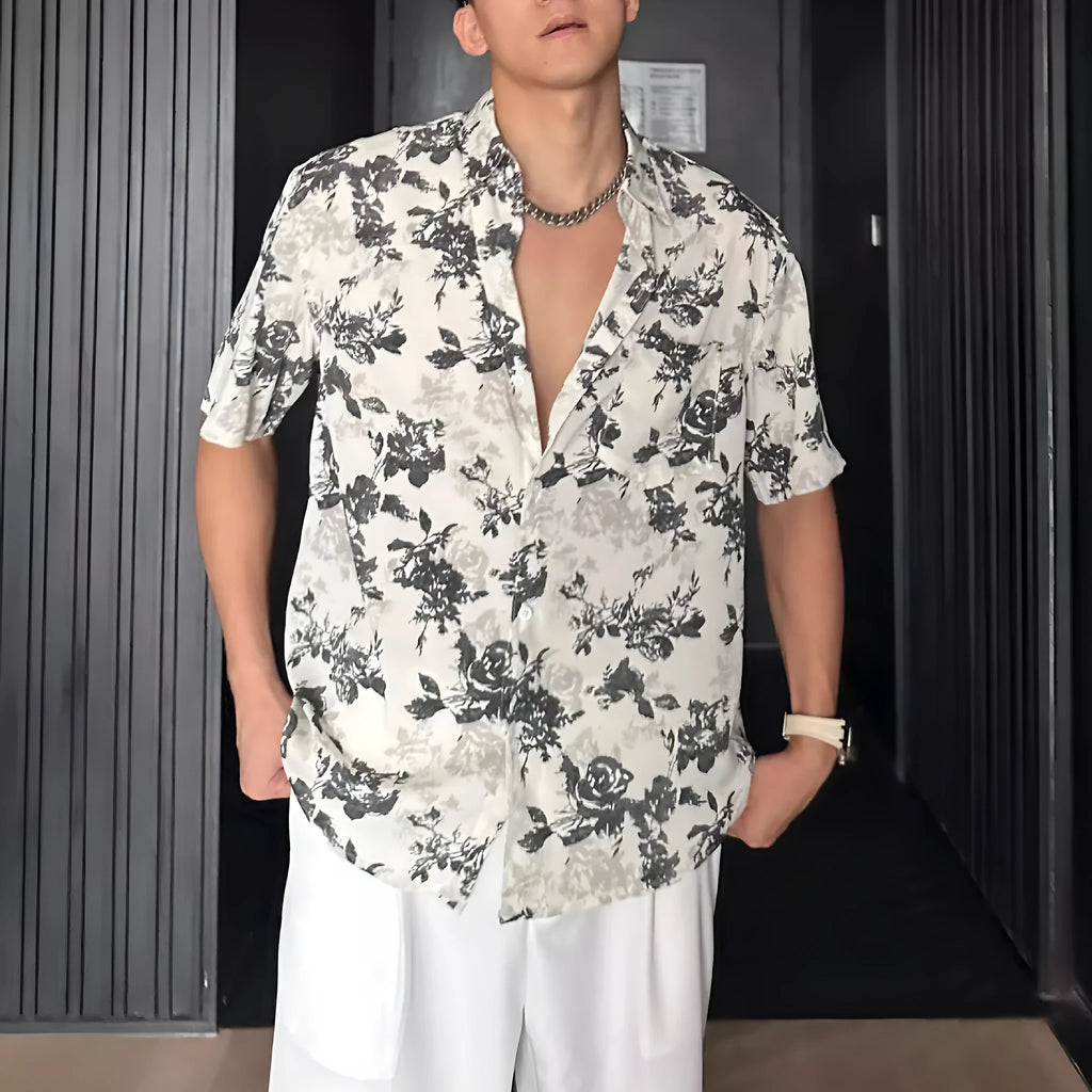 Men's loose fit short sleeve shirt with floral print in black or white colour options