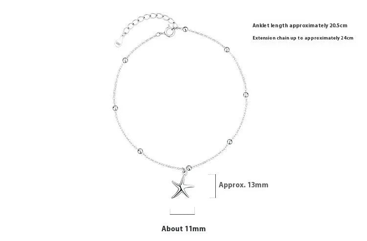 S925 sterling silver anklet with starfish charm and round beads on an adjustable chain.