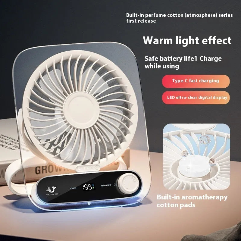 Ultra-thin desktop digital display fan with night lamp in Ling transparent white, plastic blade, USB charging, 3000mAh battery