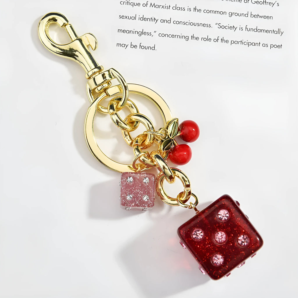 Metal hanging dice keychain pendant in cherry two-tone colour, square shape, vintage style