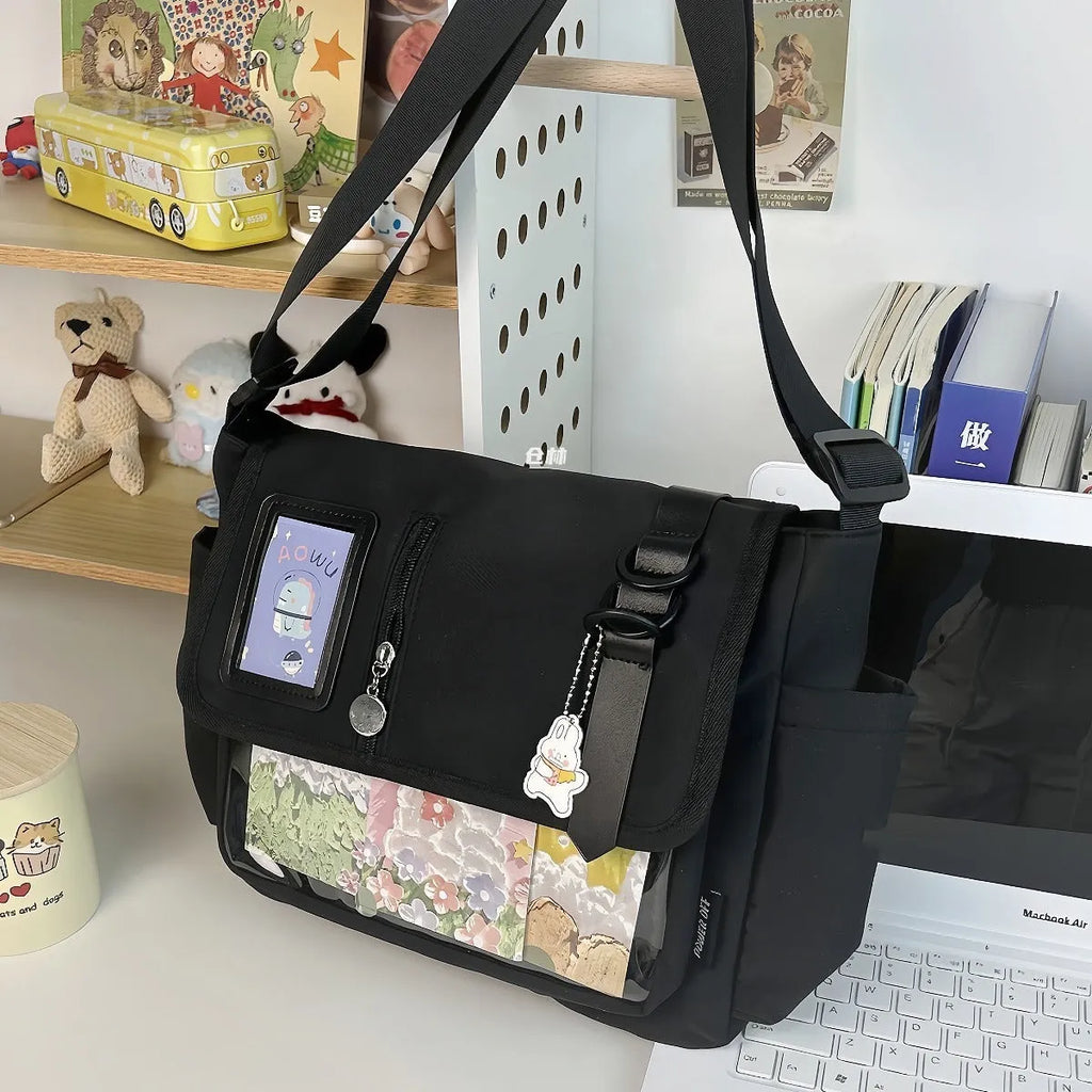 Canvas crossbody bag, waterproof, lightweight, 33x27x15cm, with fur ball pendant, black option