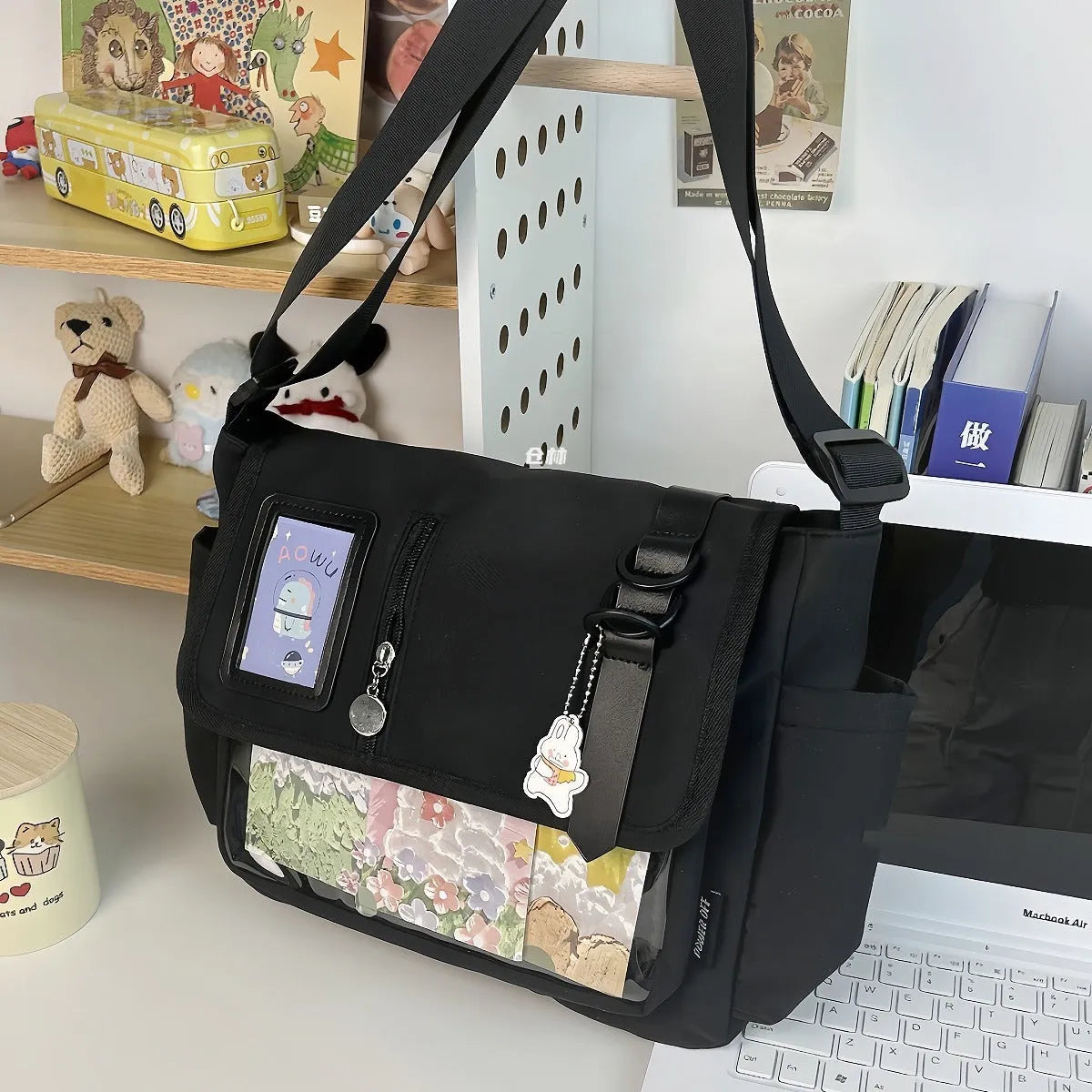 Canvas crossbody bag, waterproof, lightweight, 33x27x15cm, with fur ball pendant, black option