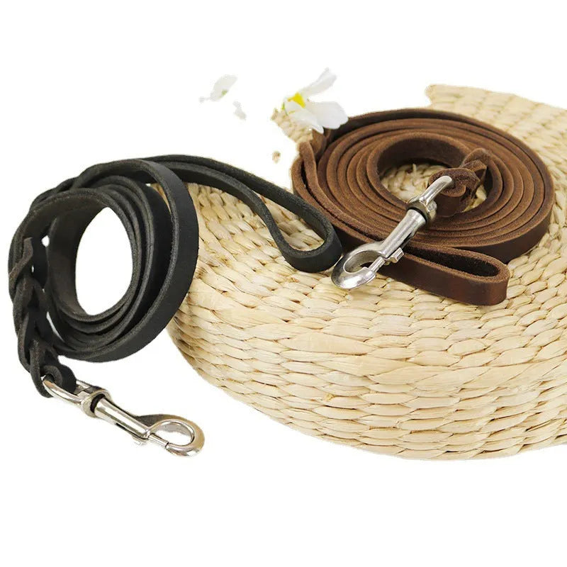 Thickened cowhide dog walking rope in light brown and black colours with multiple length options