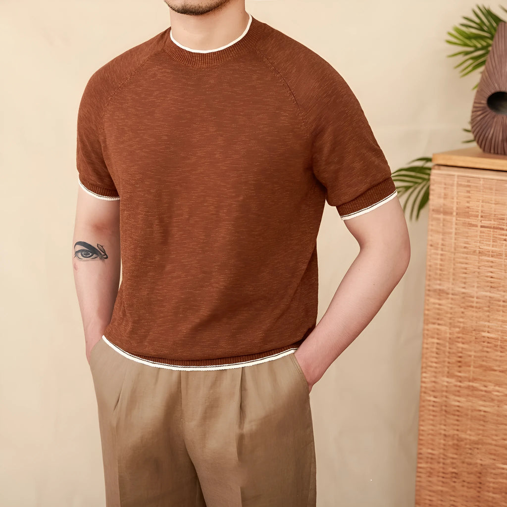 Brown linen cotton casual t-shirt with round neck and short sleeves on hanger