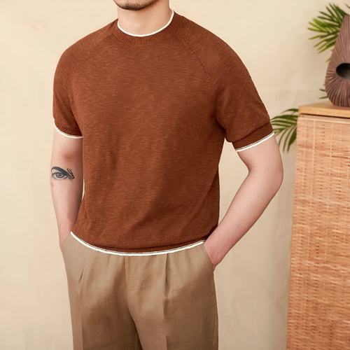 Brown linen cotton casual t-shirt with round neck and short sleeves on hanger