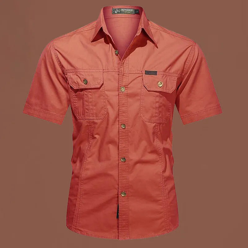 Men's loose-fitting short sleeve cotton work shirt in army green, shown in a cardigan style.